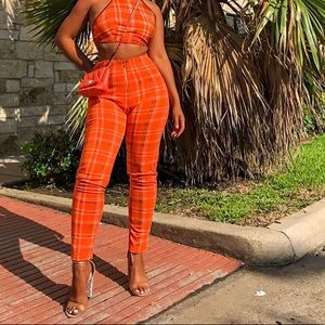 Orange plaid pants set with halter top